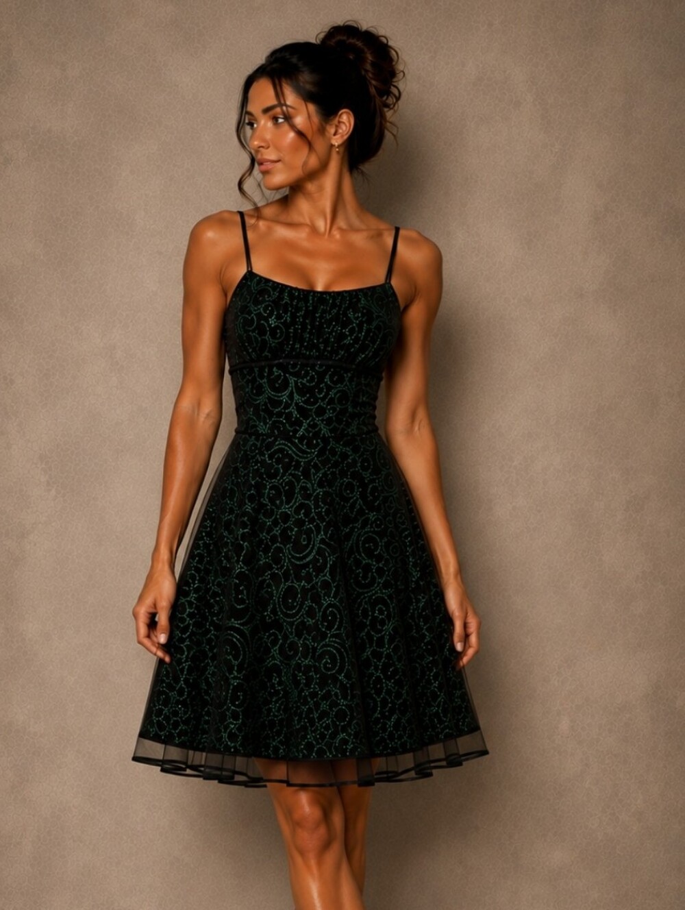 Steppin' Out Black Midi Dress with Green Glitter Swirl